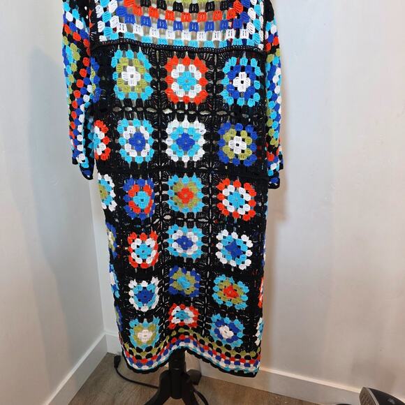 POL Boho Crochet Granny Square Long Kimono Cardigan Multicolor 0S - Picture 8 of 10